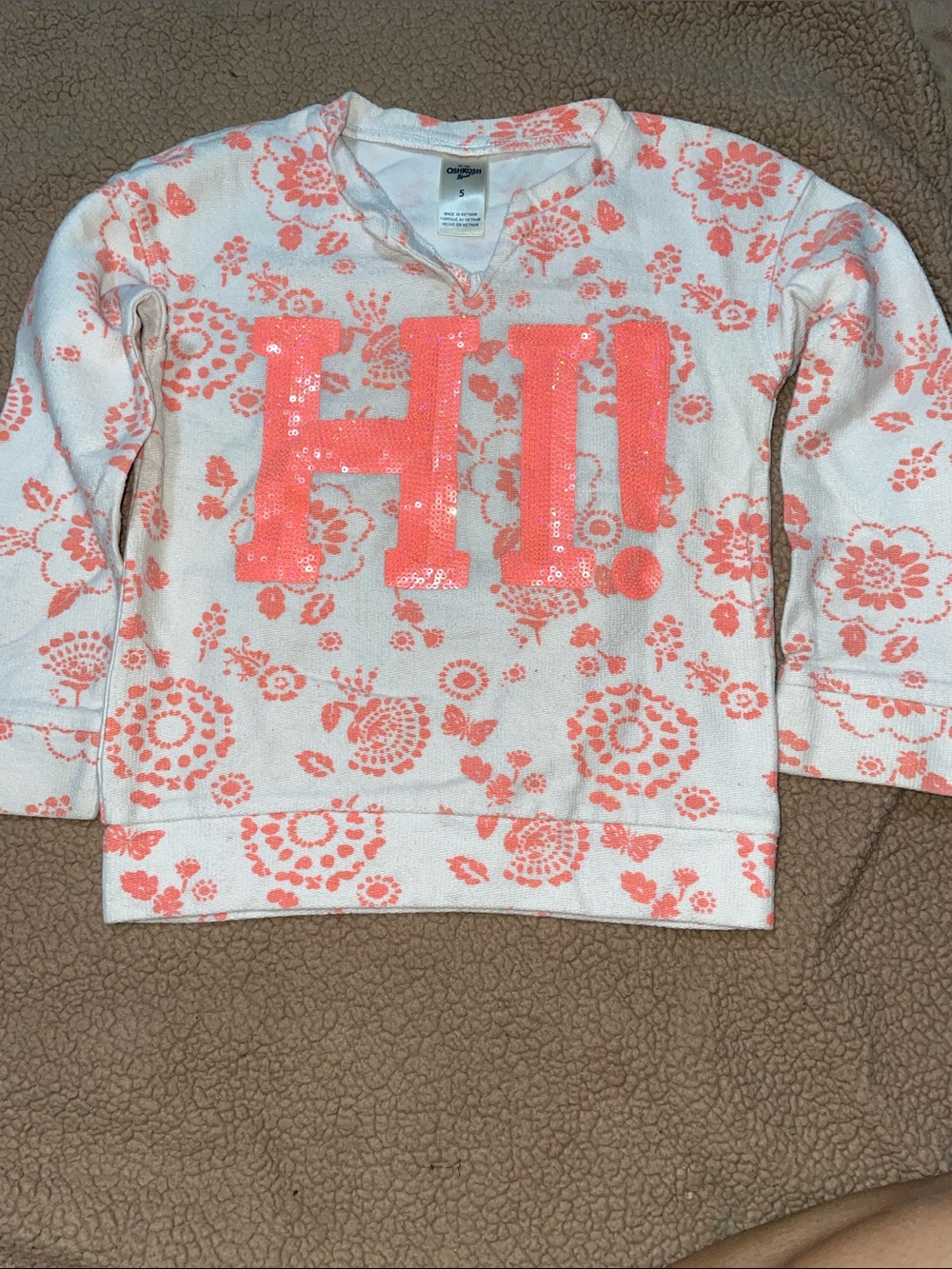 OshKosh B'gosh White Sweatshirt with Coral Sequin 'HI!' and Floral Print